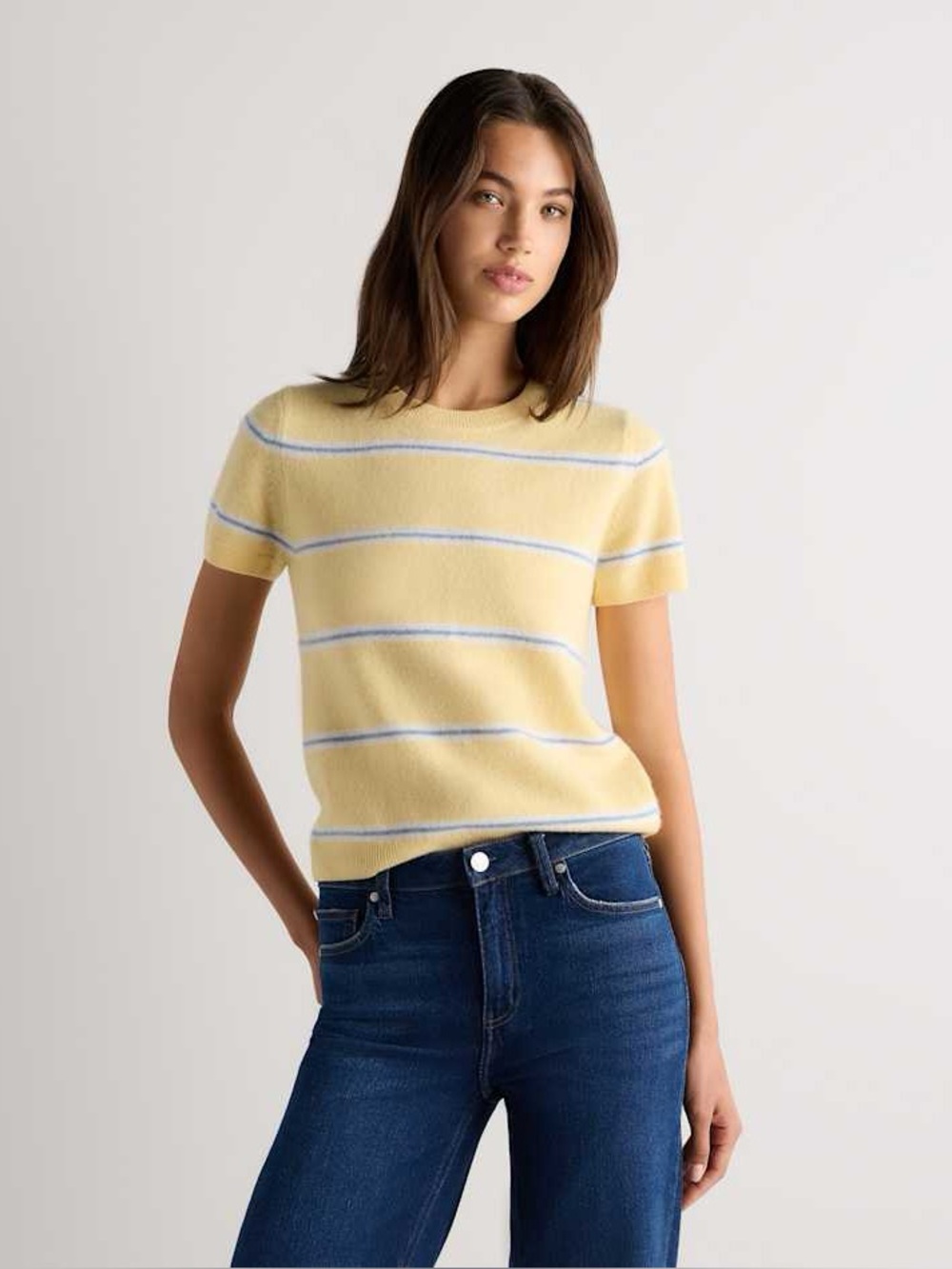 NWT Quince Mongolian Cashmere Tee in Butter Yellow/Faded Denim Stripe - SMALL